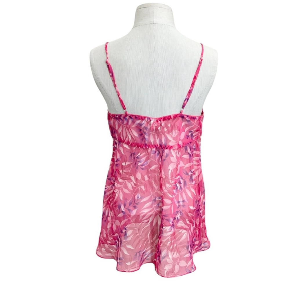 Vintage 90s pink purple leaf print chiffon lace up bustier chemise nighty M - Picture 5 of 17